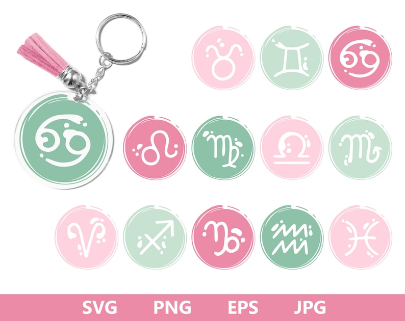 Zodiac Keychain SVG, Key Ring Pattern svg, Round Keychain Pattern SVG, Paint Brush Stroke svg, Keychain svg png, Decorate Keychains png eps image 1
