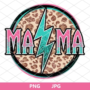 May include: A pink and turquoise graphic with the word "MA MA" on either side of a lightning bolt. The background is a brown leopard print.