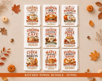 Fall Kitchen Towel PNG Bundle, 30 Autumn Sublimation Designs, Pumpkin Spice Coffee and Pie Towels, Vintage Fall Decor, Digital Download