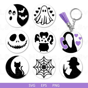 Może przedstawiać: Zestaw 10 czarno-białych plików SVG do cięcia z motywem Halloween. Wzory obejmują ducha, pajęczynę, kota, kociołek, czaszkę, telefon, ducha z sercem, nietoperza i czarownicę.