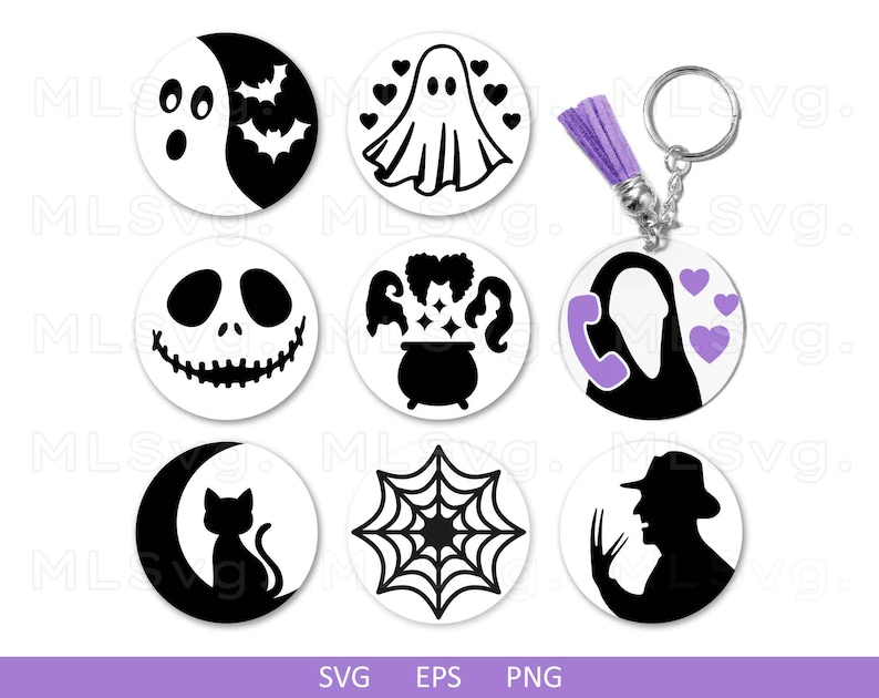 May include: Set of 10 black and white Halloween themed SVG cut files. The designs include a ghost, a spider web, a cat, a cauldron, a skull, a phone, a ghost with a heart, a bat, and a witch.
