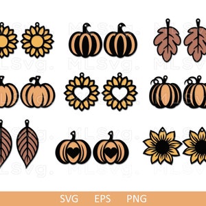 Peut inclure: Ensemble de 10 modèles de boucles d'oreilles sur le thème de l'automne. Les motifs comprennent des citrouilles, des tournesols, des feuilles et des cœurs. Les boucles d'oreilles sont découpées dans du carton orange, jaune, marron et noir.