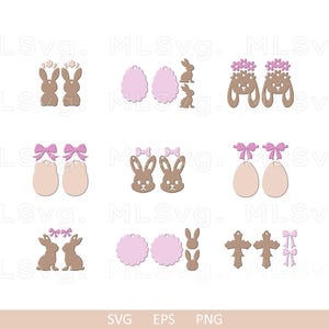 May include: A digital design file set for creating Easter-themed earrings. The set includes various designs featuring bunnies, eggs, crosses, and bows in pink and brown colors.