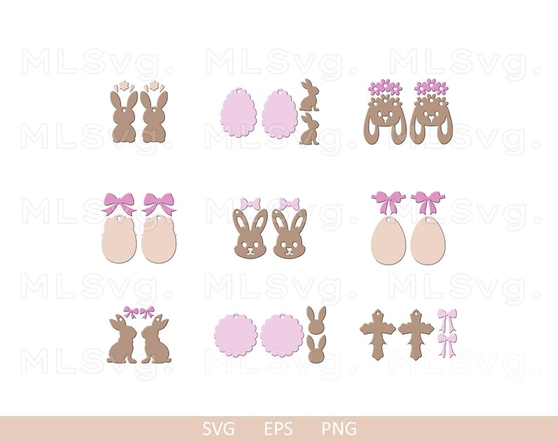 May include: A digital design file set for creating Easter-themed earrings. The set includes various designs featuring bunnies, eggs, crosses, and bows in pink and brown colors.
