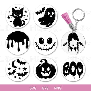 Może przedstawiać: Zestaw dziesięciu czarno-białych plików SVG do cięcia z motywem Halloween. Wzory obejmują ducha, dynię, wzór kroplą krwi, kota, nietoperza, czaszkę, czarownicę i słowo "BOO".