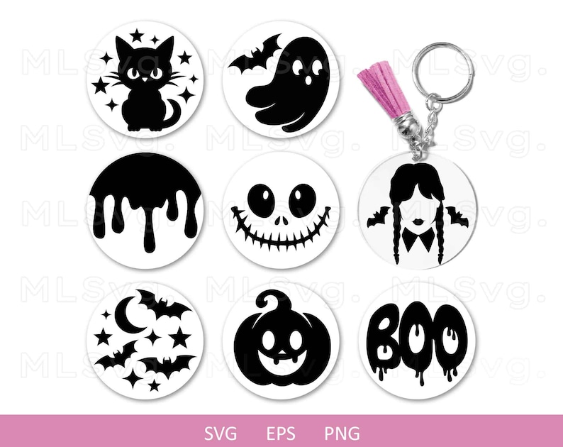 May include: Set of ten black and white Halloween themed SVG cut files. The designs include a ghost, a pumpkin, a dripping blood design, a cat, a bat, a skull, a witch, and the word "BOO".