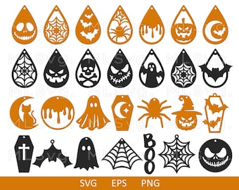 Puede incluir: Un conjunto de 25 diseños de pendientes con temática de Halloween, que incluyen una telaraña, un fantasma, un murciélago, un ataúd, una calabaza, una calavera y un diseño de sangre goteando. Los diseños son en negro y naranja.