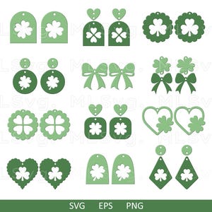 May include: A set of 12 different designs for earrings featuring a four-leaf clover motif. The earrings are in various shapes, including hearts, circles, squares, and tags. All earrings are green.