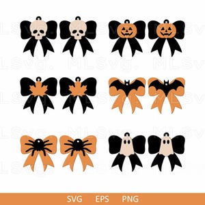 Puede incluir: Una colección de diseños de lazos con temática de Halloween. Los lazos presentan varios motivos, incluyendo calaveras, calabazas, hojas de arce, murciélagos, arañas y fantasmas. La paleta de colores incluye negro, naranja y blanco.