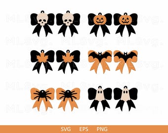 Halloween Bow Earrings Svg, Cute Ghost Svg, Pumpkin Bat Spider Skull Earrings Svg, Halloween Jewelry Svg, Faux Leather Earrings, Glowforge