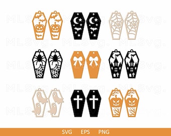 Halloween Coffin Earrings SVG Bundle, Ghost Bat Pumpkin Svg, Spider Web Earrings Svg, Cross Earring Svg, Haunted House Svg, Glowforge File