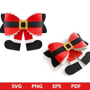 May include: Two red and white Santa Claus bow hair clips with black belts and gold buckles. The bows are made of felt and have a 3D effect.