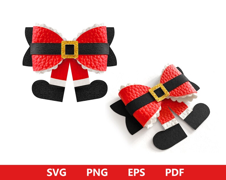 May include: Two red and white Santa Claus bow hair clips with black belts and gold buckles. The bows are made of felt and have a 3D effect.