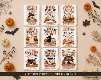 Halloween Kitchen Towel PNG Bundle, 40 Vintage Farmhouse Tea Towel Designs, Ghost Pumpkin PNG, Spooky Kitchen Sublimation, Digital Download