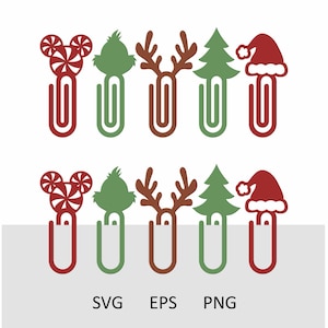 Op de afbeelding: Een verzameling kerst-thema paperclip ontwerpen. De ontwerpen omvatten een snoepje, een groen karakter, een rendier, een kerstboom en een kerstmuts. De tekst "SVG EPS PNG" is onderaan de afbeelding te zien.