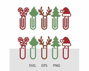 Christmas Bookmark SVG Bundle, Holiday Paperclip Svg, Büroklammer Christmas Svg, Reindeer Santa Tree Laser Cut File, Glowforge Holiday Svg