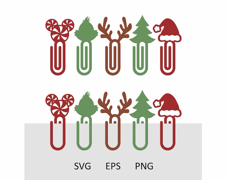 Op de afbeelding: Een verzameling kerst-thema paperclip ontwerpen. De ontwerpen omvatten een snoepje, een groen karakter, een rendier, een kerstboom en een kerstmuts. De tekst "SVG EPS PNG" is onderaan de afbeelding te zien.