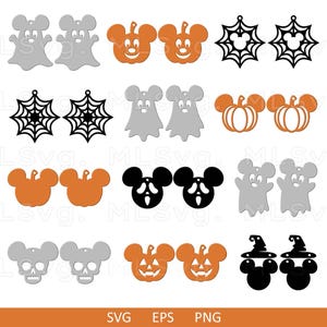 May include: Set of 10 Halloween-themed earring designs. The designs include ghosts, pumpkins, Mickey Mouse ears, spiderwebs, and skulls. The earrings are in black, orange, gray, and white.