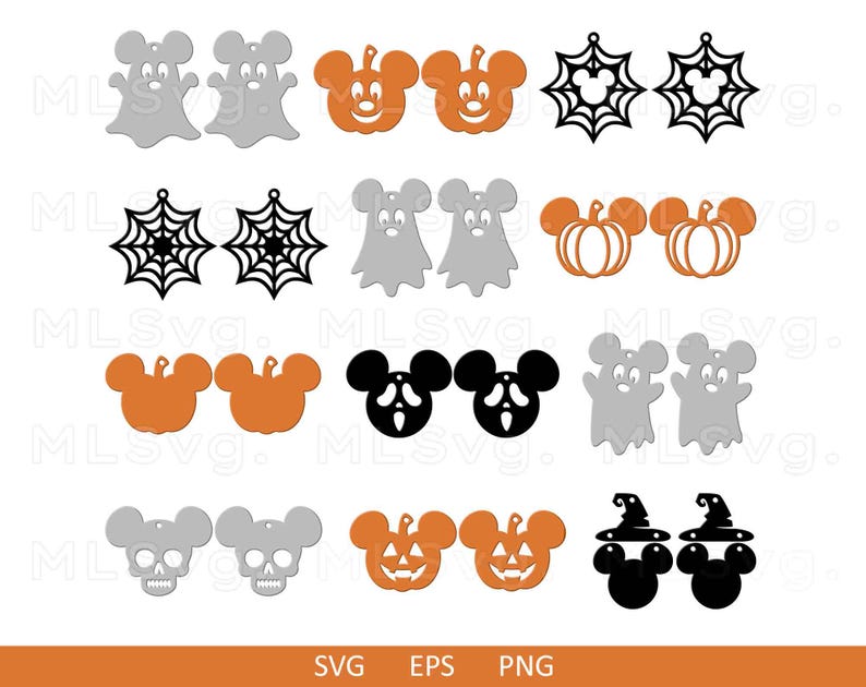 May include: Set of 10 Halloween-themed earring designs. The designs include ghosts, pumpkins, Mickey Mouse ears, spiderwebs, and skulls. The earrings are in black, orange, gray, and white.
