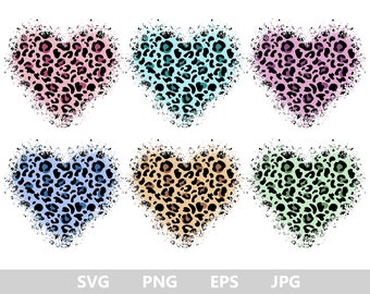 May include: Six heart-shaped designs with a leopard print pattern. The hearts are in various colors, including pink, blue, green, and brown.