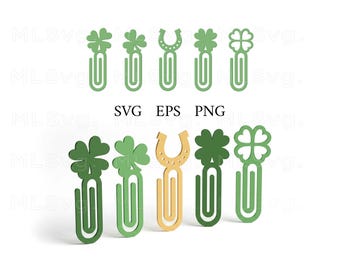 St. Patrick's Day Bookmark Svg Bundle, Shamrock Paperclip Designs, Book Lover Laser Files, Scrap Buster SVG, Leaf clover, Büroklammer Svg