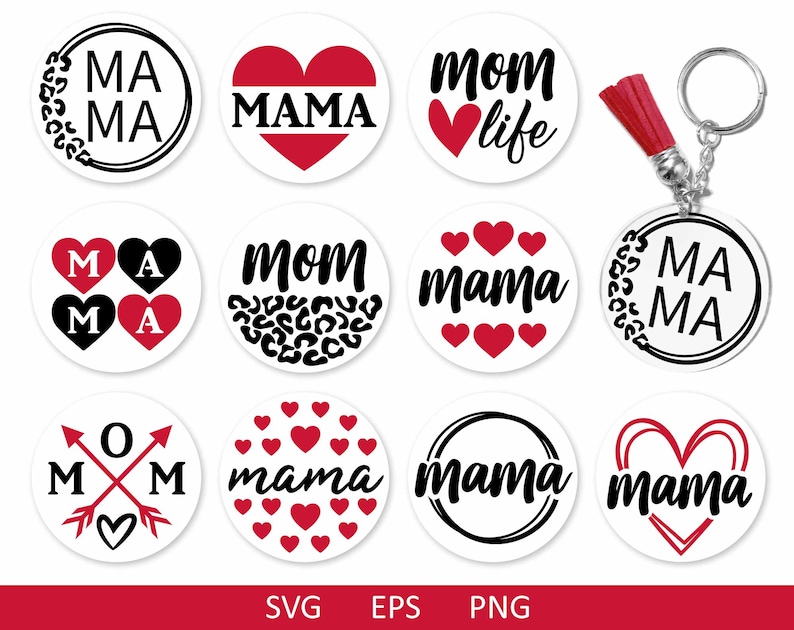 May include: Twelve round, white, printable stickers with black and red text and designs. The designs include hearts, the words "mama", "mom", and "MA".