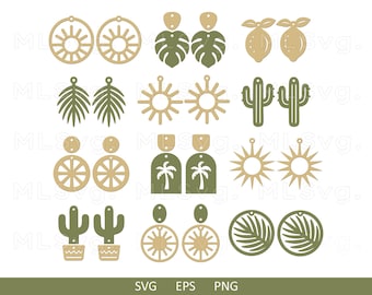 Summer Boho Earrings SVG Bundle, Faux Leather Earrings SVG, Cactus Earrings SVG, Boho Glowforge Svg, Cricut Earrings, Boho Earrings, Sun Svg
