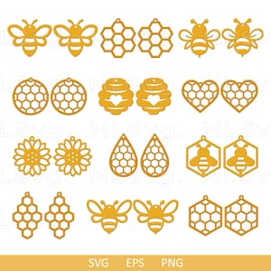 Bee Earrings Svg, Honey Earrings Svg, Bumble Bee Earring, Earrings Templates, Faux Leather Earrings, Glowforge Svg, Cricut Leather Earrings