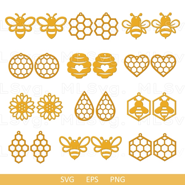 Bee Earrings Svg, Honey Earrings Svg, Bumble Bee Earring, Earrings Templates, Faux Leather Earrings, Glowforge Svg, Cricut Leather Earrings