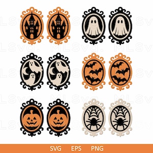 May include: A collection of Halloween-themed cutouts in various designs. Includes pairs of haunted houses, ghosts, bats, jack-o'-lanterns, and spiders within ornate oval frames. The color palette features black, orange, and cream.