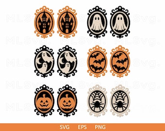 Halloween Frame Earrings SVG Bundle, Retro Victorian Halloween Jewelry Svg, Ghost Bat Pumpkin Svg, Spider Web Earring Svg, Glowforge File