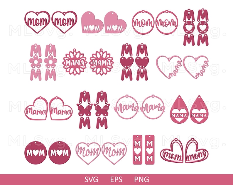 May include: A set of 12 digital cut files for crafting earrings. The designs feature various shapes, including hearts, flowers, butterflies, and circles. The text "mom" and "mama" is featured in several designs. The files are available in SVG, EPS, and PNG formats.
