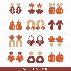Peut inclure: Une collection de boucles d'oreilles sur le thème de l'automne, avec divers motifs. Les boucles d'oreilles présentent des feuilles d'érable, des citrouilles et d'autres formes automnales dans des tons de marron, orange et beige. Le texte "SVG EPS PNG" est inclus.