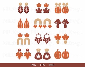 Fall Earrings SVG Bundle, Autumn Leaf Earrings Svg, Pumpkin Earrings Svg, Thanksgiving Jewelry Svg, Faux Leather Earrings, Glowforge Cricut