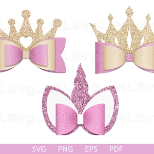 Puede incluir: Tres lazos para el pelo de color rosa y dorado con purpurina y diseño de corona. Los lazos están decorados con un corazón y purpurina.