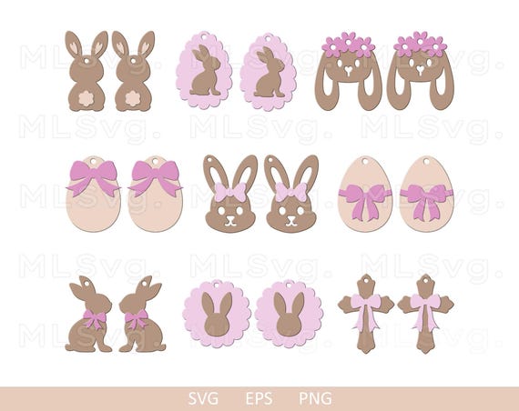 Cute Easter Earrings SVG, Cute Bunny Earrings SVG, Earrings Templates Svg, Faux Leather Earrings, Glowforge Svg, Bow Earring, Easter Egg Svg