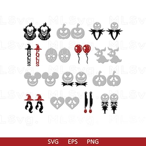 May include: A set of 16 Halloween-themed SVG cut files, featuring various designs including pumpkins, ghosts, witches, and a skull. The designs are in black, white, and red.