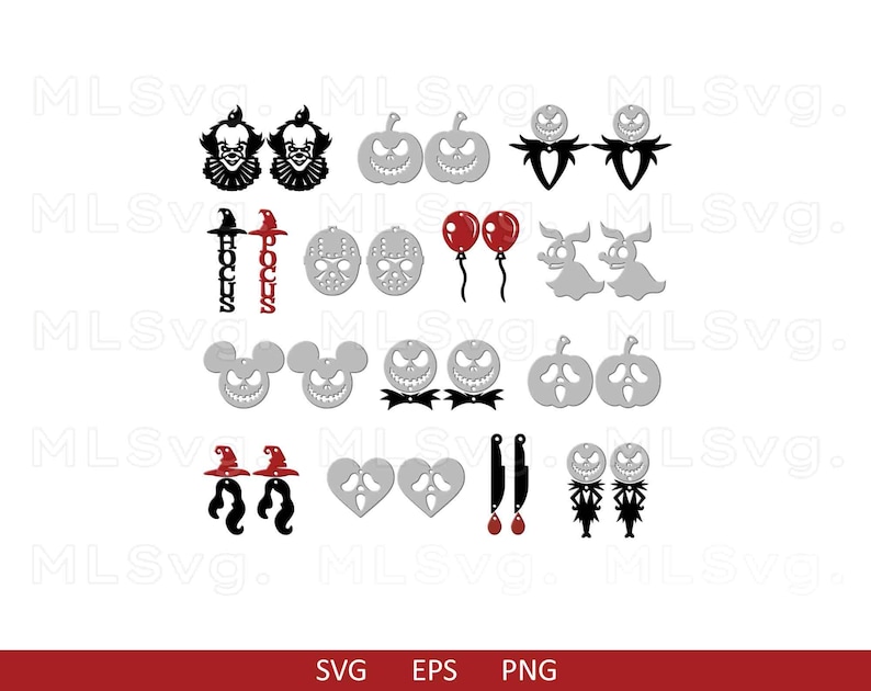 May include: A set of 16 Halloween-themed SVG cut files, featuring various designs including pumpkins, ghosts, witches, and a skull. The designs are in black, white, and red.