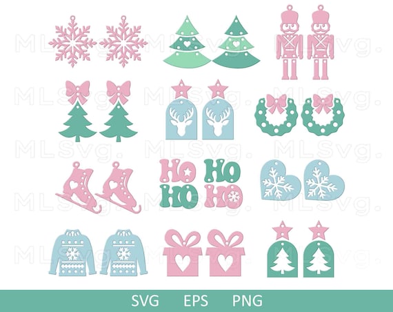 Cute Christmas Earrings SVG, Earrings Bundle SVG, Xmas Cut File, Faux Leather Earrings, File For Cricut, Glowforge Svg, Christmas Ornaments