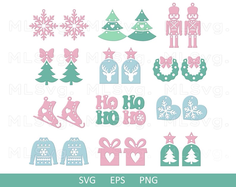 May include: A set of 16 Christmas-themed SVG cut files, featuring snowflakes, trees, wreaths, reindeer, nutcrackers, ice skates, sweaters, gift boxes, and stars. The designs are in pink, green, and blue.