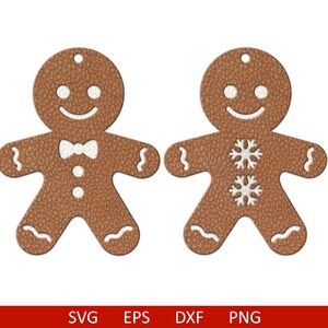 May include: Two brown gingerbread man ornaments with white accents. One has a bow tie and buttons, the other has snowflake details. Both have a loop at the top for hanging. The bottom of the image has the text "SVG EPS DXF PNG".