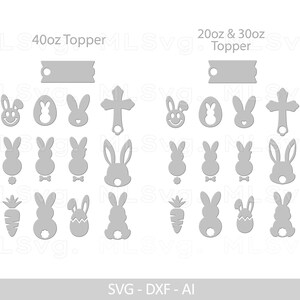 May include: A digital download of SVG, DXF, and AI files for a set of Easter-themed cupcake toppers. The set includes a cross, a bunny rabbit, an egg, a carrot, and a bunny rabbit with a bow tie. The toppers are designed for 40 oz and 20 oz/30 oz cups.