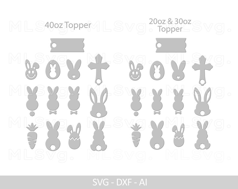 May include: A digital download of SVG, DXF, and AI files for a set of Easter-themed cupcake toppers. The set includes a cross, a bunny rabbit, an egg, a carrot, and a bunny rabbit with a bow tie. The toppers are designed for 40 oz and 20 oz/30 oz cups.