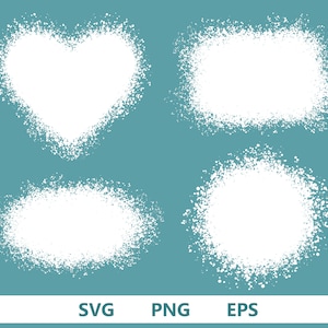 Puede incluir: Cuatro plantillas de pintura en aerosol blancas sobre un fondo azul verdoso. Las plantillas tienen forma de corazón, rectángulo, óvalo y círculo.