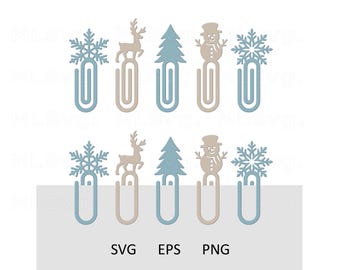 Winter Bookmark SVG Bundle, Snowflake Paperclip Svg, Büroklammer Christmas Svg, Reindeer Tree Snowman Laser Cut File, Glowforge Holiday Svg