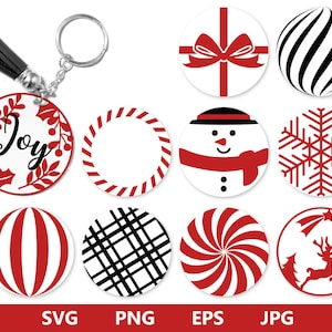 Könnte beinhalten: Satz von zehn roten und weißen, druckbaren Kreisdesigns zum Thema Weihnachten. Die Designs beinhalten einen Schneemann, eine Schneeflocke, einen Zuckerstock, ein Karomuster, ein Wirbelmuster, ein Rentier, einen Weihnachtsbaum, eine Geschenkbox, ein Freudenbanner und ein gestreiftes Muster.