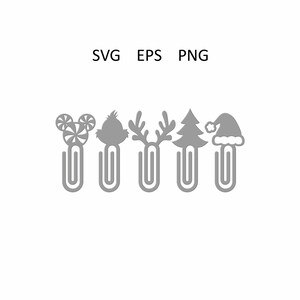 Op de afbeelding: Een verzameling van vijf grijze paperclipontwerpen met vakantie-thema vormen: een snoepwervel, een karakter, geweien, een kerstboom en een kerstmuts. De tekst "SVG EPS PNG" staat erboven.