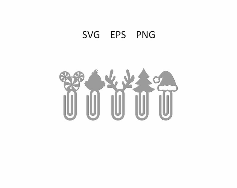 Op de afbeelding: Een verzameling van vijf grijze paperclipontwerpen met vakantie-thema vormen: een snoepwervel, een karakter, geweien, een kerstboom en een kerstmuts. De tekst "SVG EPS PNG" staat erboven.