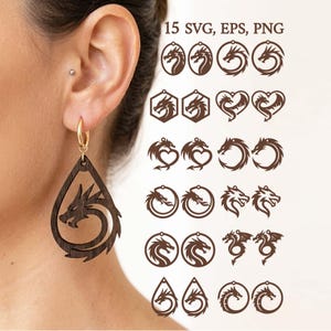 May include: A dark brown wooden teardrop earring with a dragon design is shown. The earring is hanging from a gold hoop. The image also displays various dragon-themed earring designs in SVG, EPS, and PNG formats.
