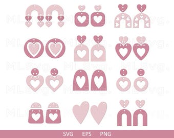 Könnte beinhalten: Ein Set mit 12 herzförmigen Ohrring-Designs in Rosa und Weiß. Die Designs umfassen Herzen mit Ausschnitten, Herzen mit einem kleineren Herzen im Inneren und Bögen mit Herzen oben.